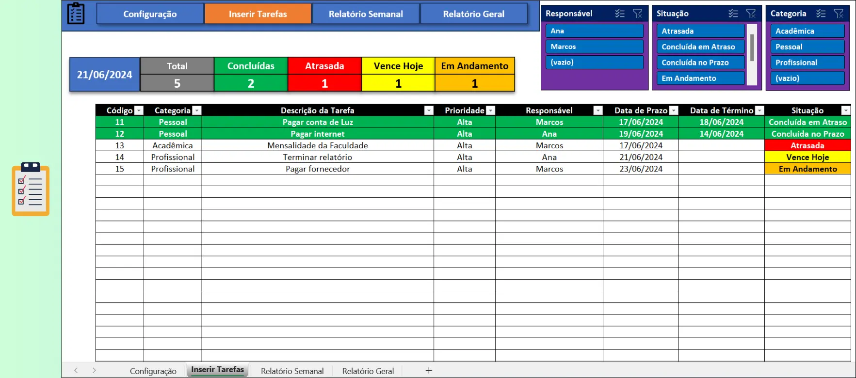 Inserção de Tarefas