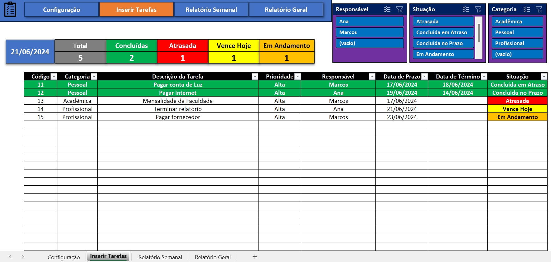 Planilha de Controle de Tarefas Automatizada no Excel